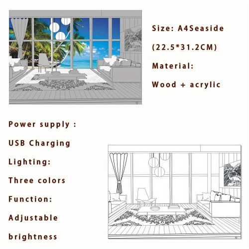 1pc Dimming 3-color Beach Sun Painting Lamp,Sketch Light. Healing Light, Bedside Bedroom Sleeping Lamp, Romantic Birthday Gift,Bedside Table Lamp